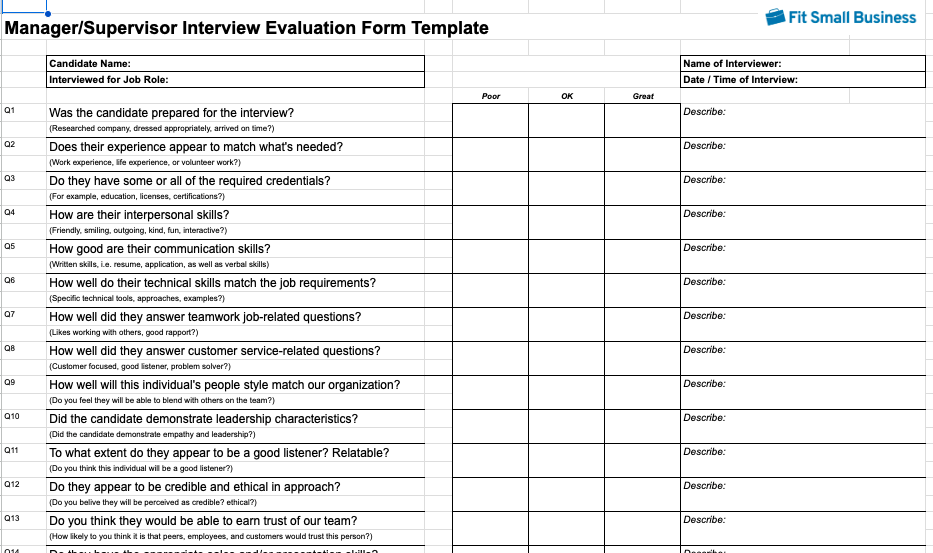 Manager/Supervisor Interview Evaluation Form Template